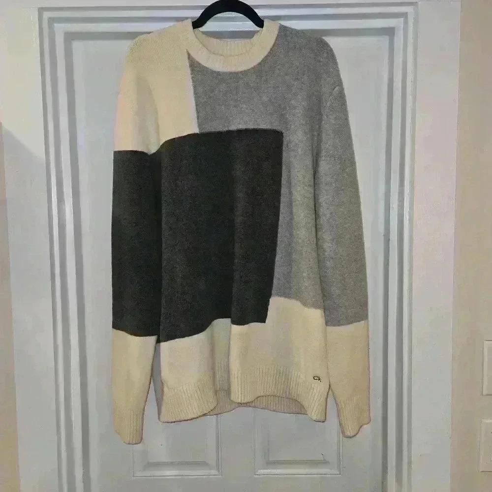 Calvin Klein Mens Relaxed Fit Color Block Crewneck Sweater Black Gray Size 2X